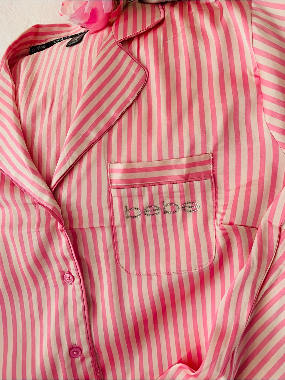Bebe Silky Satin Pajama Set Candy Stripe Pink Button Down Size XL NWOT - Picture 2 of 14